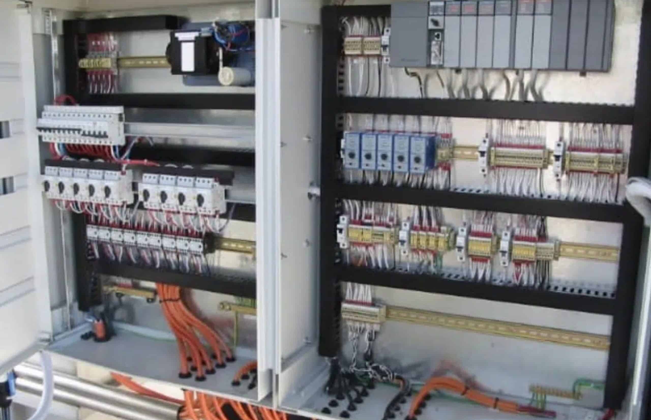 Inside of a custom build control panel for industrial wastewater systems